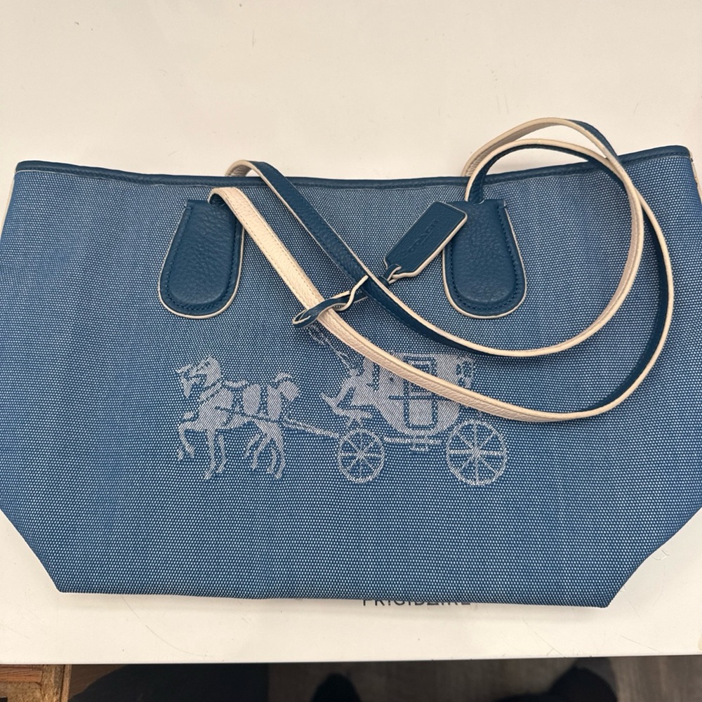 Coach Blue Canvas Tote with Horse & Carriage Detail